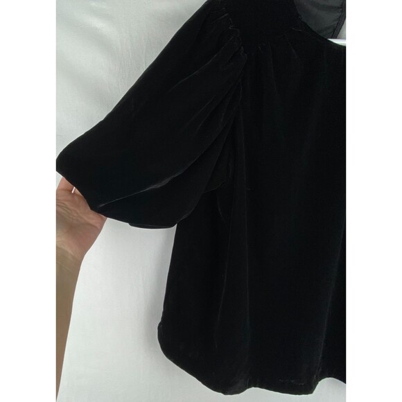 Gap Blouse Womens Medium Black Velvet Puff Sleeve Top Keyhole Ribbon Tie Holiday - Picture 4 of 12